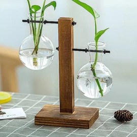 Vaso De Vidro Decorativo Duplo Bulbo Com Suporte De Madeira